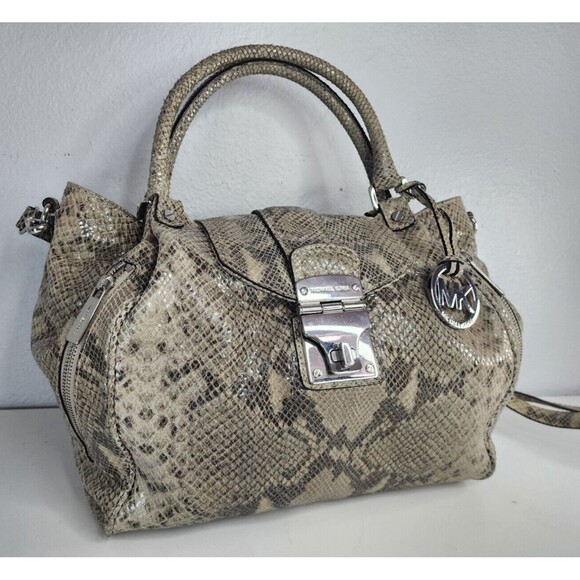 Michael Kors Jenna Tan Python Snakeskin Embossed Large Tote Shoulder Bag Purse - Picture 12 of 16